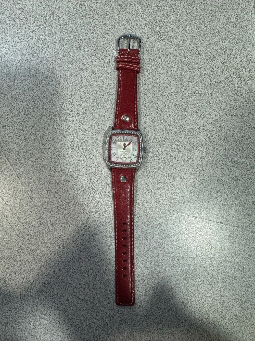 New Judith Ripka Stainless Steel Square Dial Watch with Red Leather Band
